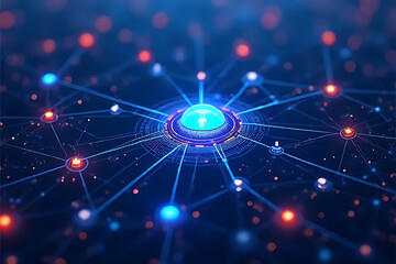 Aufkleber - Abstract digital network with glowing blue and red nodes connected by lines on a dark blue background