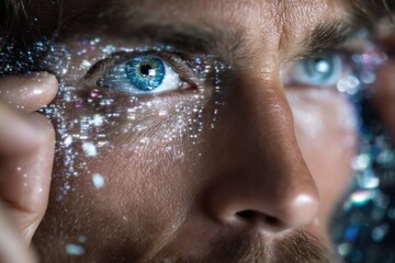 Poster - Close-up view of a man with striking blue eyes reflecting lights in an artistic display