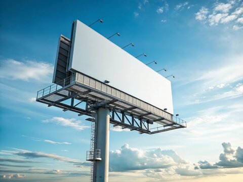 3D illustration of blank white billboards against blue sky-2