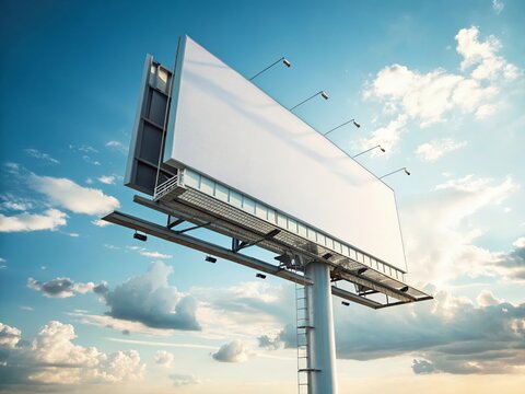3D illustration of blank white billboards against blue sky