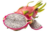 Fresh dragon fruit sliced open showing white flesh with black seeds on black background image