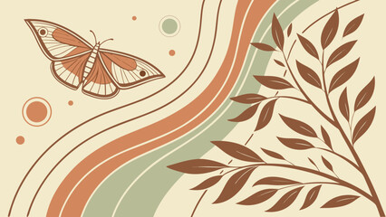 Poster - Boho butterfly illustration with leaves and retro stripes aesthetic for wall art and home decor design