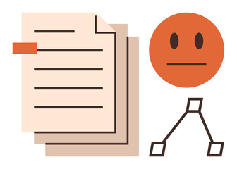 Poster - Stacked document pages, neutral emoticon, and flowchart diagram. Ideal for workflow, feedback, organization, process mapping, communication efficiency productivity. Simple flat metaphor