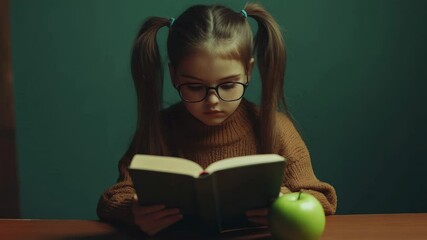 Poster - Pupil wearing eyeglasses is concentrating on reading a book at her school desk with a green apple next to it, showcasing the concept of education and back to school