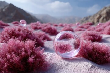 Poster - Colorful pink vegetation with transparent spheres in a surreal landscape