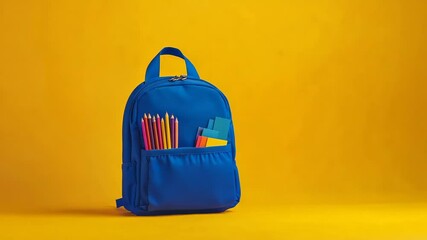 Poster - Vibrant blue backpack filled with colorful pencils and sticky notes stands against a bright yellow backdrop, symbolizing the excitement and preparation for the upcoming school year