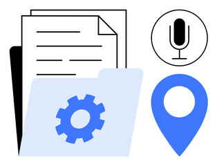 Poster - Stack of papers, settings gear on folder, microphone icon, and location pin. Ideal for data organization, workflow optimization, digital tools, productivity, accessibility collaboration simple