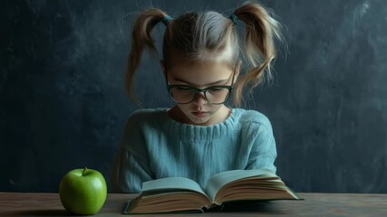 Aufkleber - Smart young pupil wearing eyeglasses is reading a book at school desk with green apple placed near open textbook on the wooden table, dark background