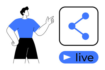 Poster - Man pointing at share interface with a share icon and live button. Ideal for collaboration, social media, communication, live events, networking, technology, and a simple landing page