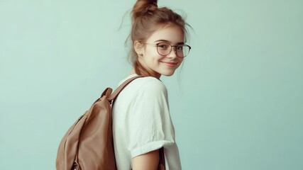 Aufkleber - Portrait of a smiling young student girl wearing a backpack and eyeglasses, looking over her shoulder against a light blue background, ready for the new school year