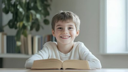 Poster - Happy elementary school student smiling while reading a book at home or in a classroom, enjoying learning and literature, promoting education and literacy