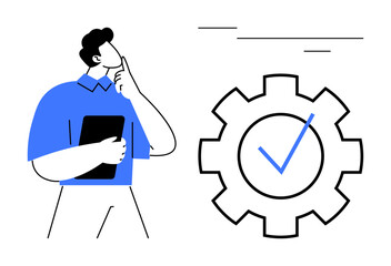 Poster - Person holding clipboard in thoughtful pose beside large cogwheel with checkmark. Ideal for planning, decision-making, achievement, process improvement, productivity, strategy, and teamwork. Simple