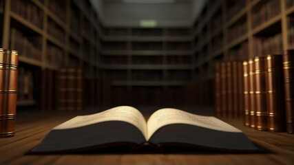 Poster - Open book resting on a wooden desk in a dimly lit library, pages glowing softly, surrounded by towering bookshelves filled with countless volumes, inspiring contemplation and knowledge