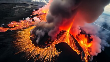 Wall Mural - Volcano eruption from a bird view. Volcano crater and magma flow shot from above