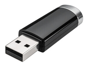 sleek black usb flash drive with silver cap, isolated on a transparent background