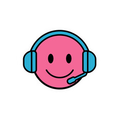 Poster - Happy pink emoji wearing headset.