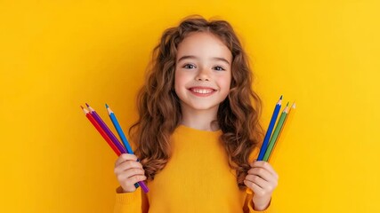 Poster - Happy schoolgirl showing colorful pencils, smiling and posing on a vibrant yellow background, representing creativity, learning, and back to school excitement