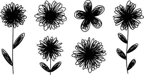 Wall Mural - black abstract flowers set. crayon, charcoal, kid childish, naive art, scribble line, doodle brush s