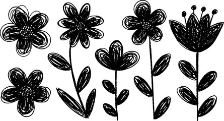 Wall Mural - black abstract flowers set. crayon, charcoal, kid childish, naive art, scribble line, doodle brush s