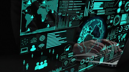 Poster - Data center monitoring dashboard visualize network performance, connection status, usage rate, and telecommunication insight. Data center monitoring efficiency improvement network transparency. Thunk