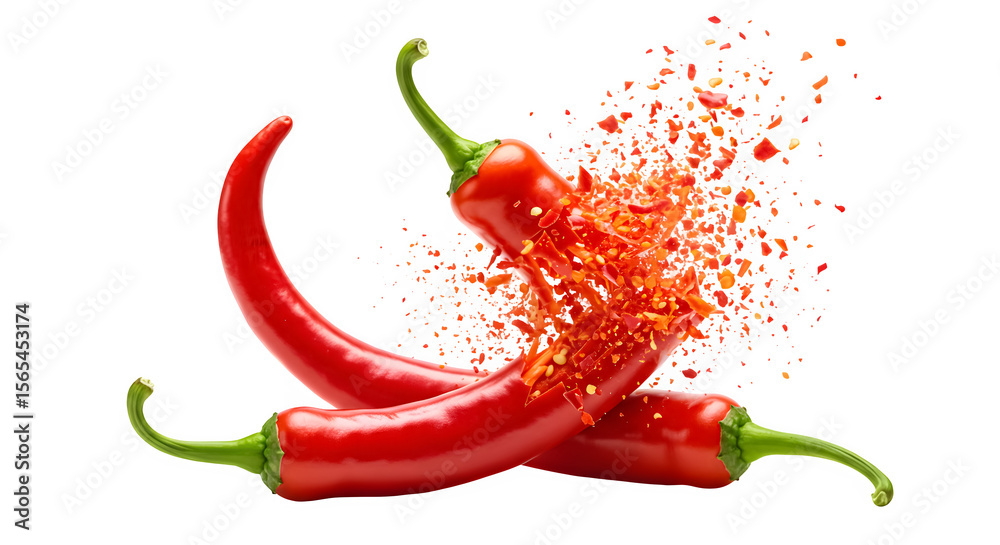 Three vibrant red chili peppers with one exploding into flakes on black ...