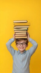 Poster - Portrait of a happy schoolboy with eyeglasses holding a pile of books on his head, symbolizing back to school, knowledge, and education against a vibrant yellow backdrop