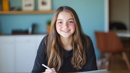 Poster - Happy student girl is using a tablet and digital pen, studying and learning at home, smiling and looking at camera, with a bookcase and light blue wall in the background
