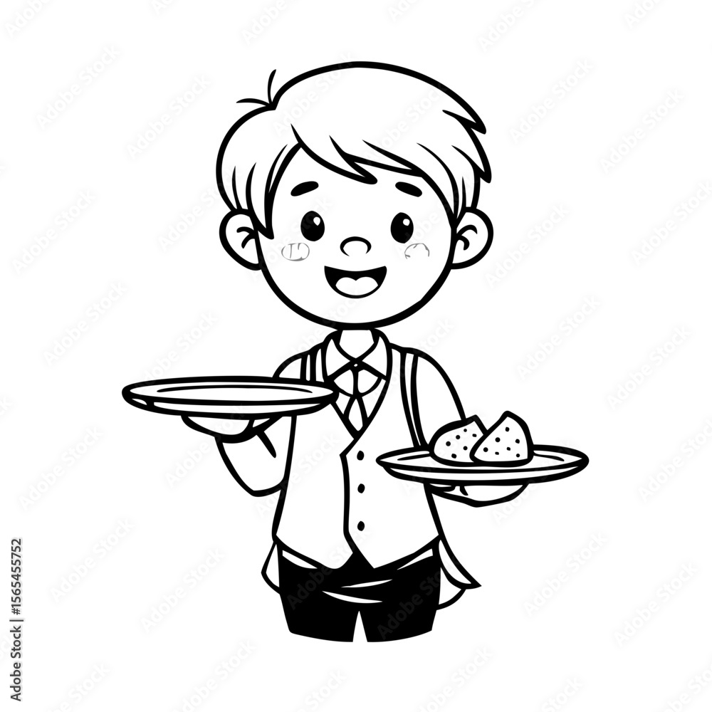 Waiter Boy Coloring Page – Cute Cartoon Server with Plates, Restaurant ...