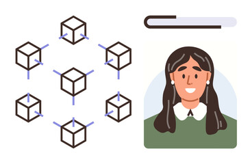 Poster - Blockchain network represented by interconnected cubes next to a female digital profile. Ideal for security, identity verification, technology, innovation, data storage, online authentication, simple