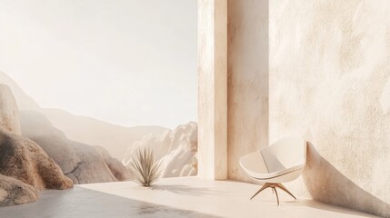 Poster - A tranquil indoor space featuring a minimalist chair and gentle sunlight. Natural elements like plants and rocks enhance the serene atmosphere perfect for relaxation or contemplation.