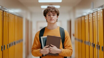 Poster - High school student walking confidently through school hallway, carrying textbooks near metal lockers, representing scholarly preparedness and scholastic energy