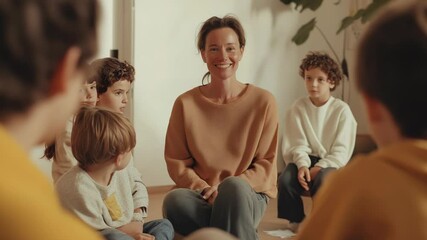 Poster - Smiling teacher sits on the floor with a group of elementary school students, engaging them in a classroom activity, fostering learning and development in a positive educational environment