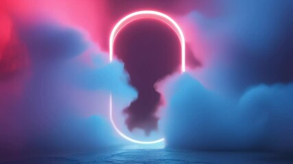 Poster - Neon Portal in Abstract Vapor: An abstract and enchanting scene features a glowing neon portal enveloped by ethereal vapor in shades of blue and red, creating a dreamlike ambiance.
