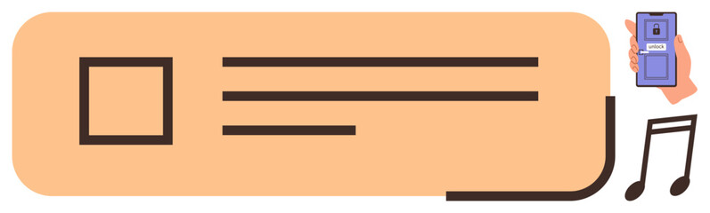 Poster - Horizontal layout with blocks suggesting a player interface, hand holding a device, and musical notes. Ideal for technology, entertainment, interface design, app concept, music streaming, simplicity