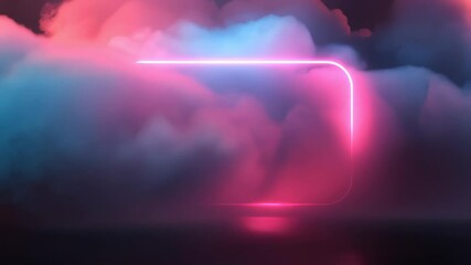 Poster - Neon Frame in Smoky Atmosphere: A vibrant pink and blue neon light frame glows in a dark, smoky atmosphere, creating a dramatic and surreal scene.