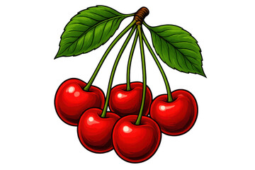 Fototapete - Ripe red cherries dangling from leafy branch, showcasing fresh agricultural produce against clean transparent backdrop