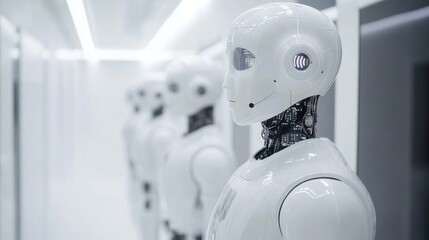 Poster - A lineup of futuristic robots in a minimalist environment showcases advanced technology and sleek design, highlighting innovation in artificial intelligence and robotics.
