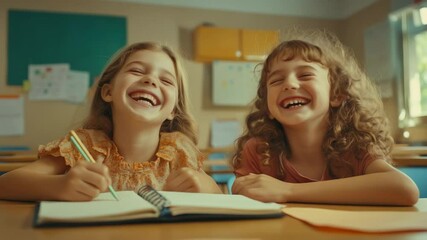 Poster - Two young female pupils are sitting at a school desk, happily laughing together while one of them is writing in a notebook, enjoying their time in the classroom