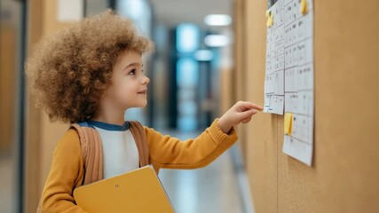 Poster - Happy curly haired pupil with backpack and folder pointing at school timetable attached to bulletin board, enjoying back to school routine in elementary school