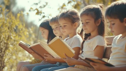Poster - Group of elementary school students reading books while sitting on bench in park, enjoying sunny weather, focused on literature, depicting education, learning, and back to school concept