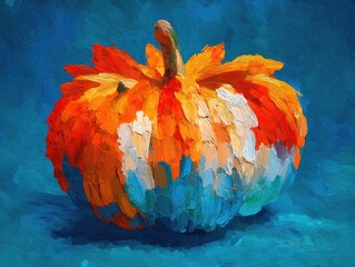 Wall Mural - Oil painting style digital art of an abstract pumpkin shape composed of warm color brush strokes and cool blue highlights, expressive painterly