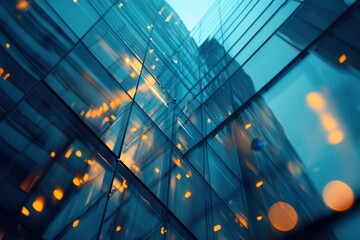 Poster - Captivating view of modern architectural facade showcasing glass reflections and warm city lights during dusk, creating a dynamic urban atmosphere.