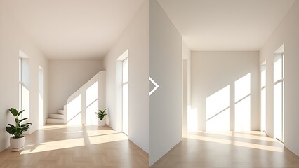  Side-by-side comparison of interior spaces showcasing a simple architectural transformation.