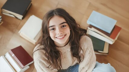 Poster - Happy young pupil with long brown hair, wearing a beige sweater and jeans, smiles while sitting on a wooden floor surrounded by various books for back to school