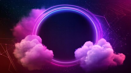 Poster - Neon Dreamscape: A vibrant, abstract composition featuring a glowing neon circle, enveloped by soft, ethereal clouds, creating a dreamlike ambiance.