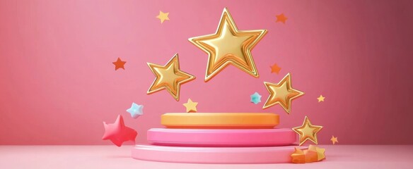 Poster - This vibrant image features colorful stars in various sizes floating above a smooth podium against a bright pink background, perfect for celebration themes.
