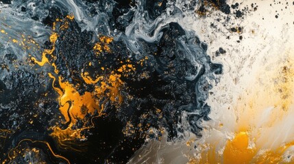 Fototapete - Stunning abstract fluid art showcasing dynamic swirls of black, white, and metallic gold. Perfect for modern decor or artistic projects.