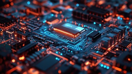 Fototapete - A close-up view of a microchip surrounded by glowing circuits and components, showcasing intricate patterns and modern technology in vibrant blue and orange hues.