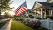 © zubair - American flag waving in suburban neighborhood patriotic homes real estate usa independence day celebration