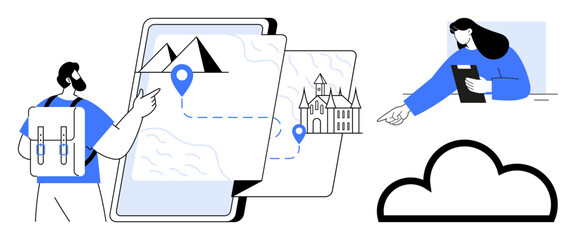 Poster - Backpacker exploring map with destination markers on a mobile screen, woman reviewing clipboard, cloud icon. Ideal for travel, maps, navigation, collaboration, planning, apps simple landing page